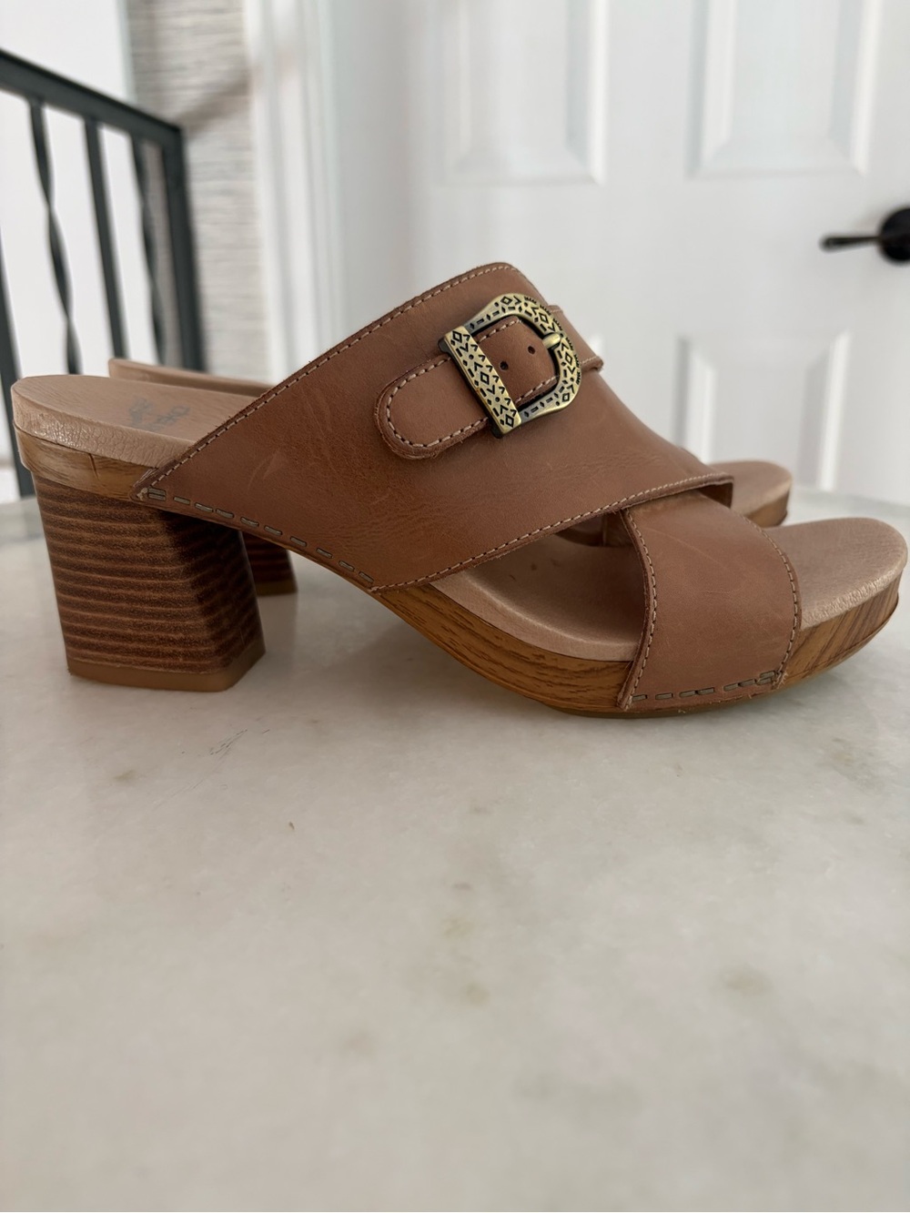 Women's Dansko Tan Block Heel Slide Sandals with gold Buckle